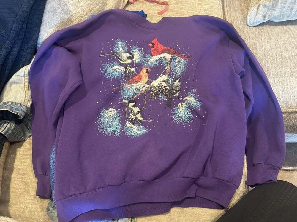 Vintage 1992 Tultex Purple Winter Birds Snow Cardinal Crewneck Sweatshirt Large